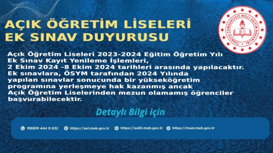 Açık Öğretim Lisesi Ek Sınav Duyurusu