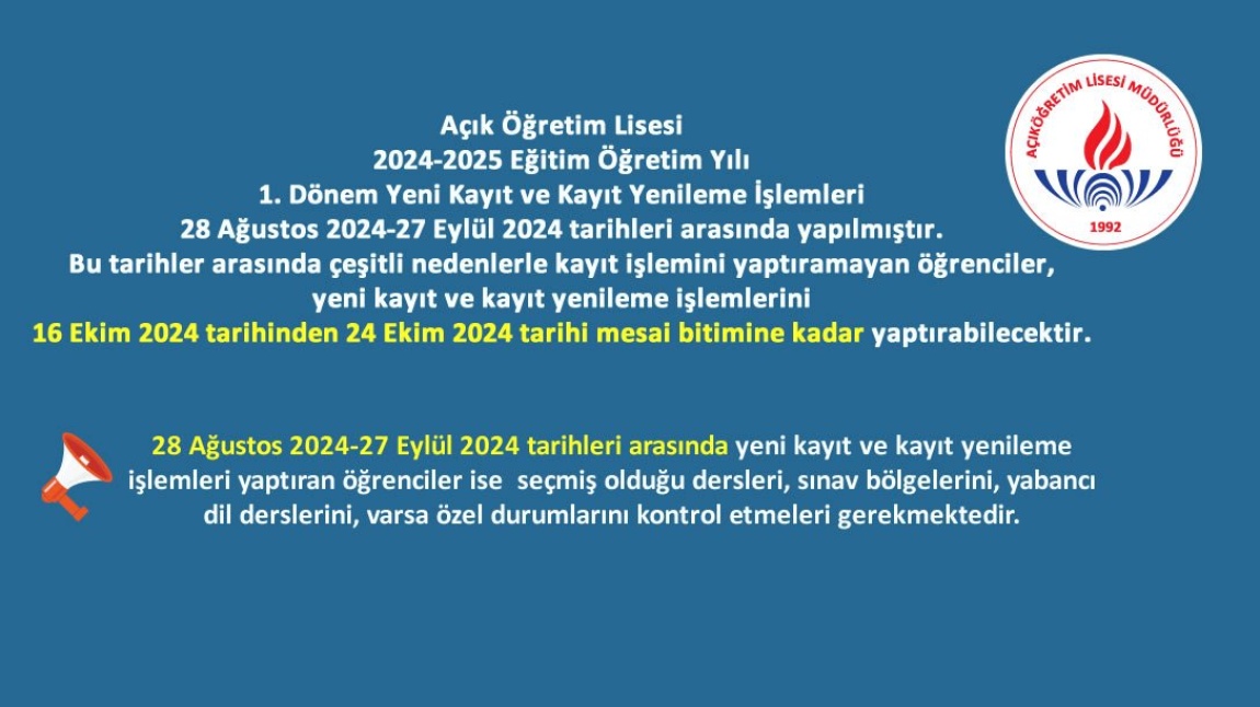 AÇIK ÖĞRETİM LİSESİ ÖNEMLİ DUYURU